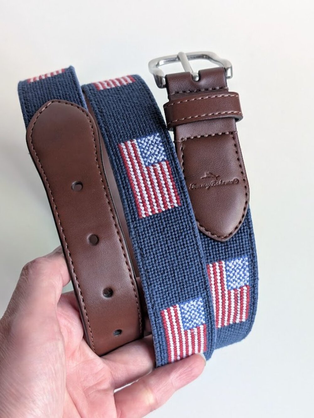Tommy Bahama Belt Navy US American Flag Needlepoint Belt Mens Sz: Large 38-40